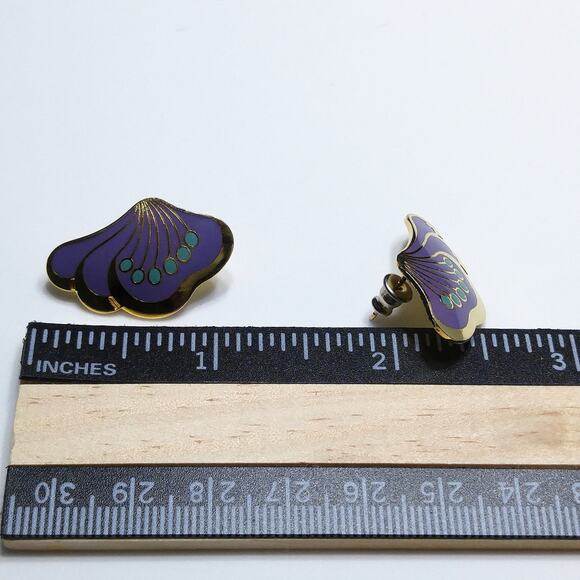 Laurel Burch Peony Post Earrings, Gold Plated Cloisonne Enamel, 1980s Vintage - Picture 7 of 10